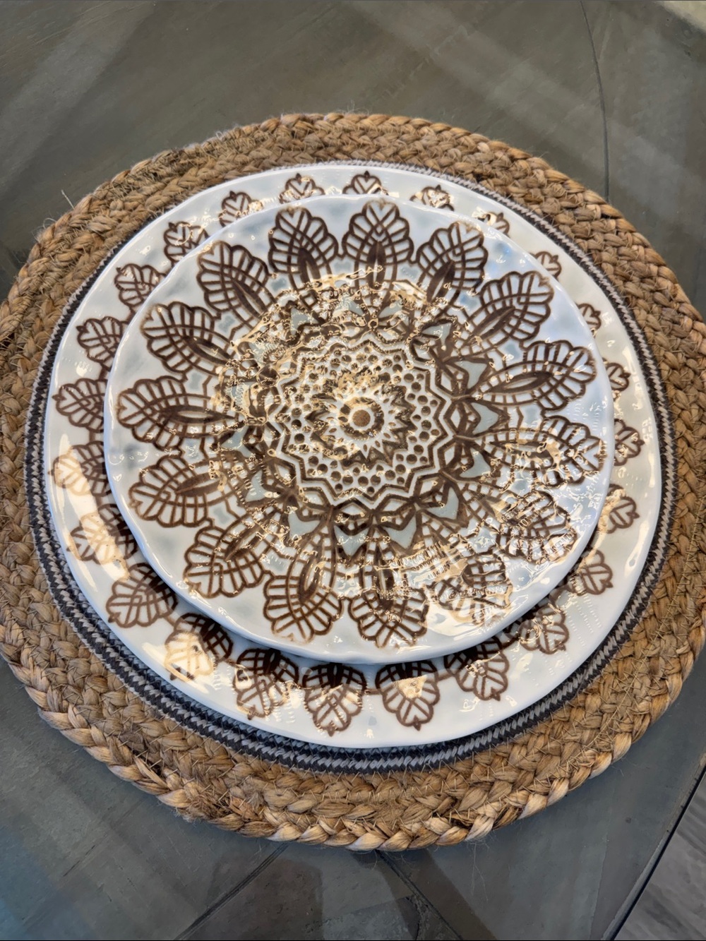 Melamine-Merritt Medallion pattern. 6 dinner plates and 6 salad plates.